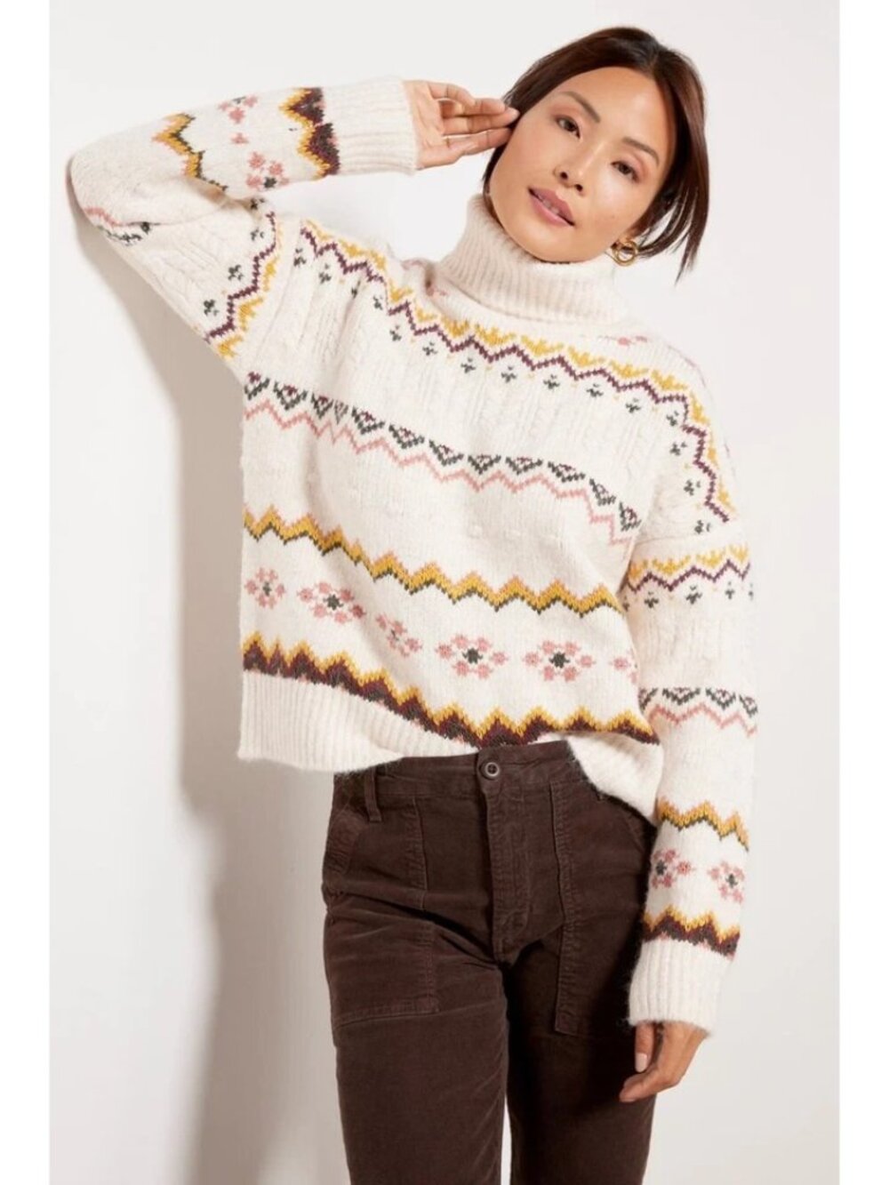 $118 Evereve Lyra Fair Isle Turtleneck Sweater Ivory Wool Bld Cozy Pullover  XL